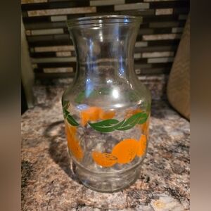 Vintage Anchor Hocking Glass Carafe with Orange and Green Design